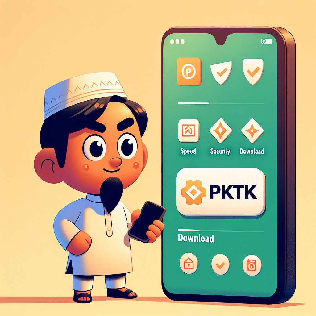 TKPK | PKTK অ্যাপ ইন্টারফেস এবং বিজ্ঞপ্তি আইকনসহ একটি স্মার্টফোন ধরে কার্টুন চরিত্র