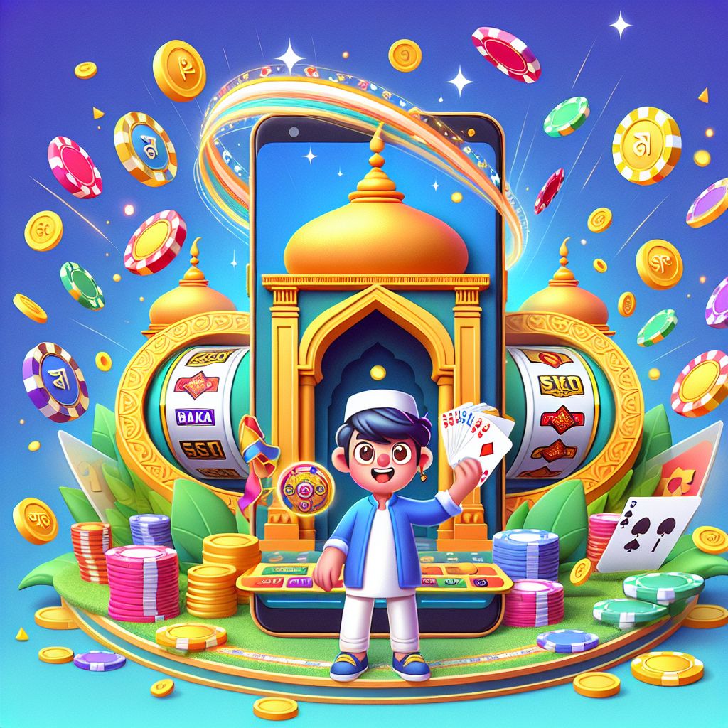 Cartoon casino character holding chips and a phone with TKPK | PKTK Casino interface, coins and cards in the background
